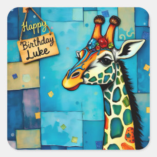 Sticker Carré LUKE ~ JOYEUX ANNIVERSAIRE ~ Giraffe ~