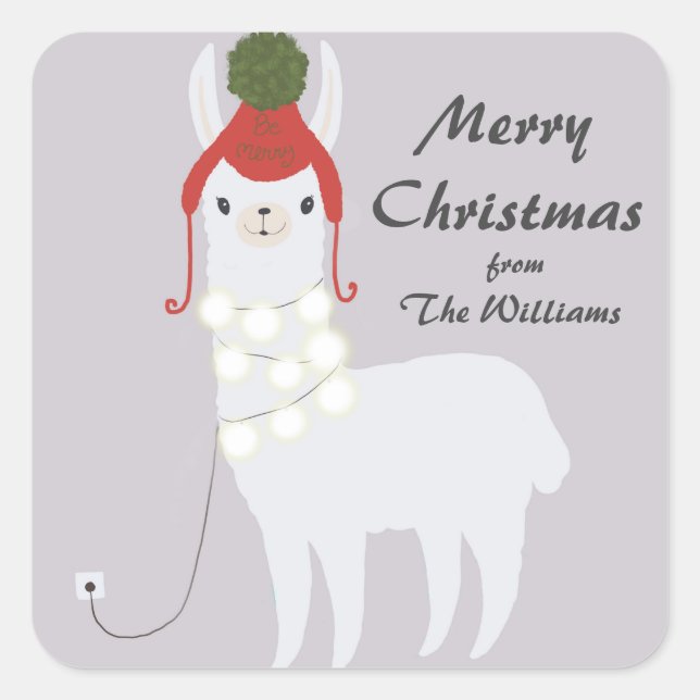 Sticker Carré Lumières De Noël Llama Blanche Branchées (Devant)