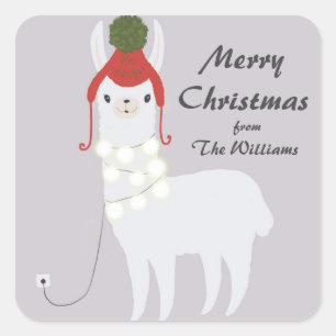 Sticker Carré Lumières De Noël Llama Blanche Branchées