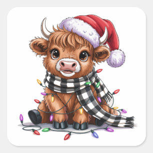 Sticker Carré Lumières de Noël Vache Highland Chapeau de Père No