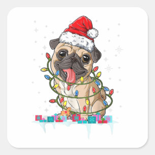 Sticker Carré Lumières de sapin de Noël Pug Santa Cadeaux de Noë