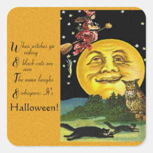 Sticker Carré Lune d'Halloween Vintage, sorcière et hibou avec 