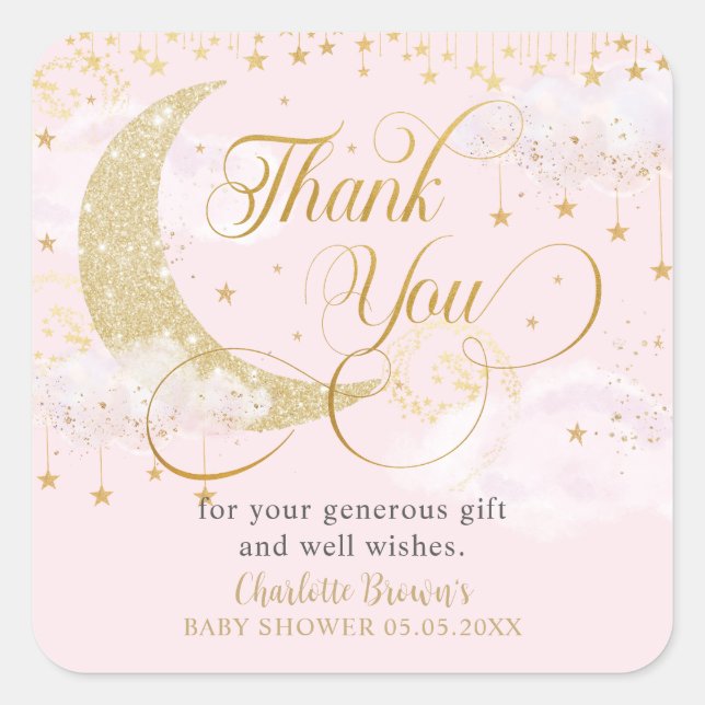 Sticker Carré Lune et étoiles Pastel Baby shower rose Merci (Devant)