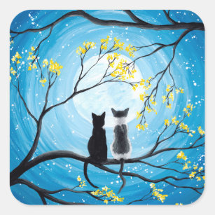 Sticker Carré Lune lunaire avec chats