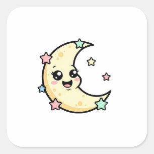Sticker Carré Lune souriante – Illustration Kawaii Mignonne