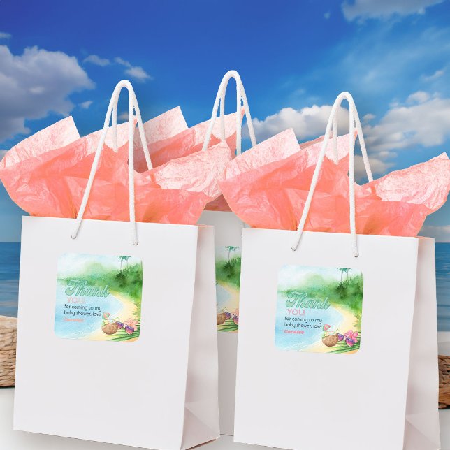 Sticker Carré Lunettes de soleil Summer Beach et Merci de cockta (Summer tropical beach theme stickers from my Baby on Board baby shower collection)