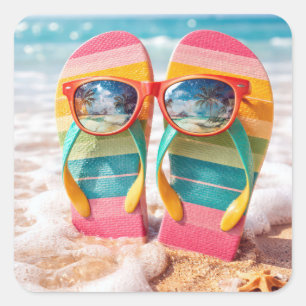 Sticker Carré Lunettes de soleil sur tongs dans le sable de la p