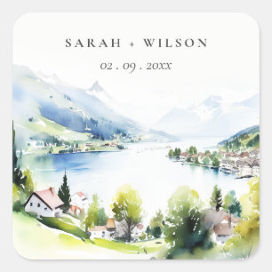 Sticker Carré Lungern Suisse Paysage à l'aquarelle Mariage