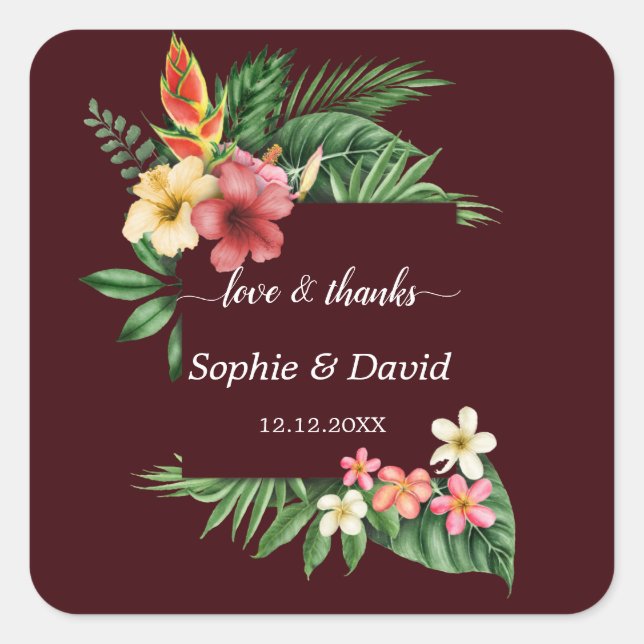 Sticker Carré Lush Tropical Garden Flowers Deep Burgundy Wedding (Devant)