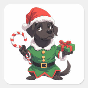 Sticker Carré Lutin de Noël Chien Noir Avec Canne à Sucre Et Cad