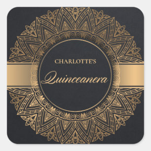 STICKER CARRÉ LUXE OR NOIR CLASSIQUE ORNATE MANDALA QUINCEANERA