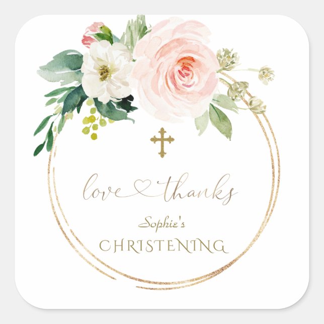 Sticker Carré Luxe Rose Blush Floral White Cross Christening (Devant)