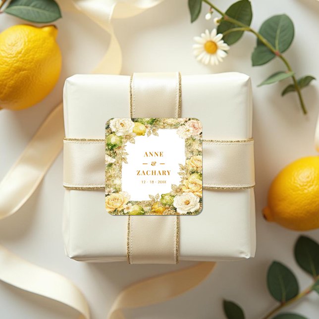 Sticker Carré Luxury Delicate Mediterranean Lemons & Flowers (Luxury Delicate Mediterranean Lemons & Flowers Frame Wedding Square Stickers with Digital Glitter.)