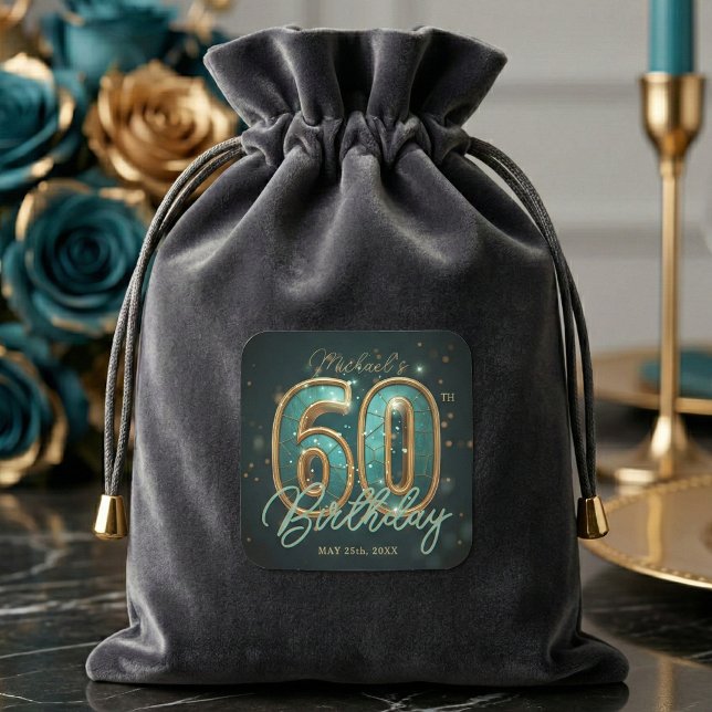 Sticker Carré Luxury Glam Teal and Gold 60th Birthday Party (Créateur téléchargé)