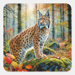 Sticker Carré Lynx Dans L'Aquarelle Autumcore De La Forêt Automn