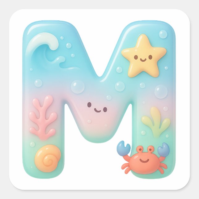 Sticker Carré "M" Cute Letter - Underwater Sea Creature (Devant)