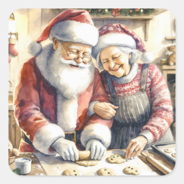 Sticker Carré M. et Mme Claus Baking Cookies Custom Christmas (Devant)