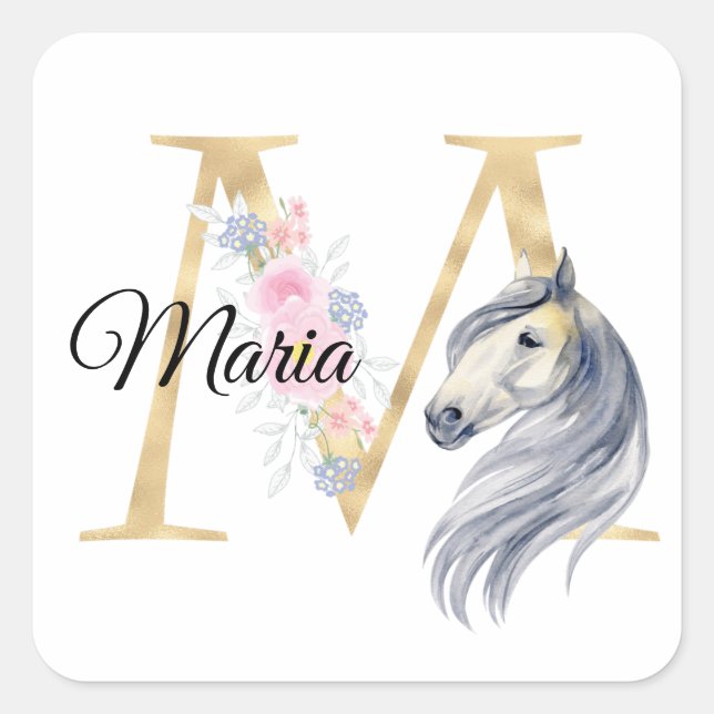 Sticker Carré M lettre nom personnalisé monogramme avec cheval  (Devant)
