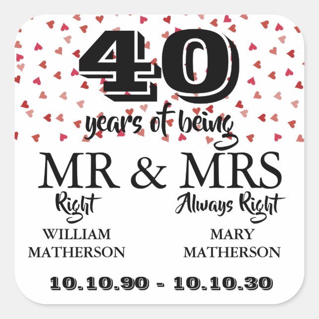 Sticker Carré M. Mme Right Fun 40e anniversaire de mariage Rubis (Devant)