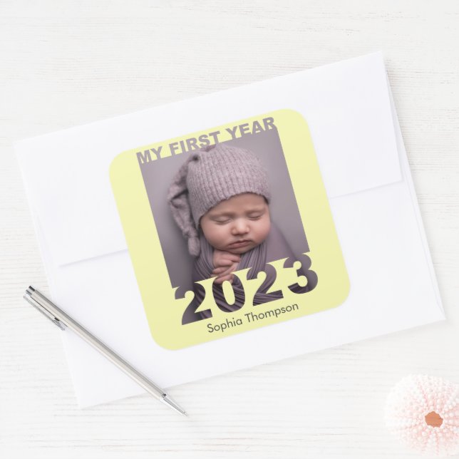 Sticker Carré Ma première année 2023 Découpe moderne bébé photo  (Enveloppe)