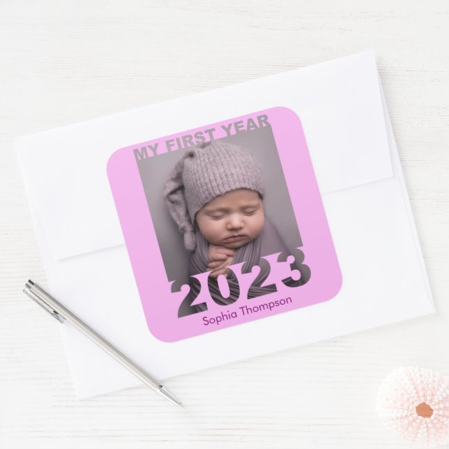 Sticker Carré Ma première année 2023 Découpe moderne bébé photo  (Enveloppe)