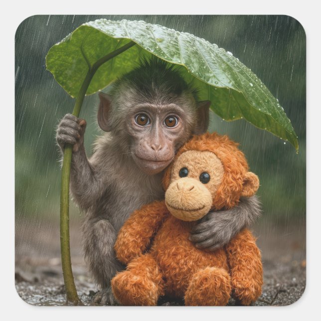 Sticker Carré Macaque Monkey with Orange Orangutan (Devant)