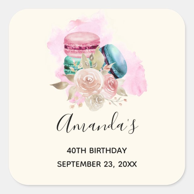 Sticker Carré Macarons et fleurs colorés Aquarelle Anniversaire (Devant)