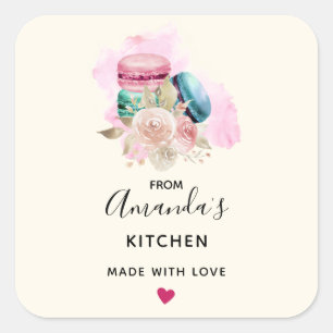 Sticker Carré Macarons et fleurs colorés Aquarelle Cuisine