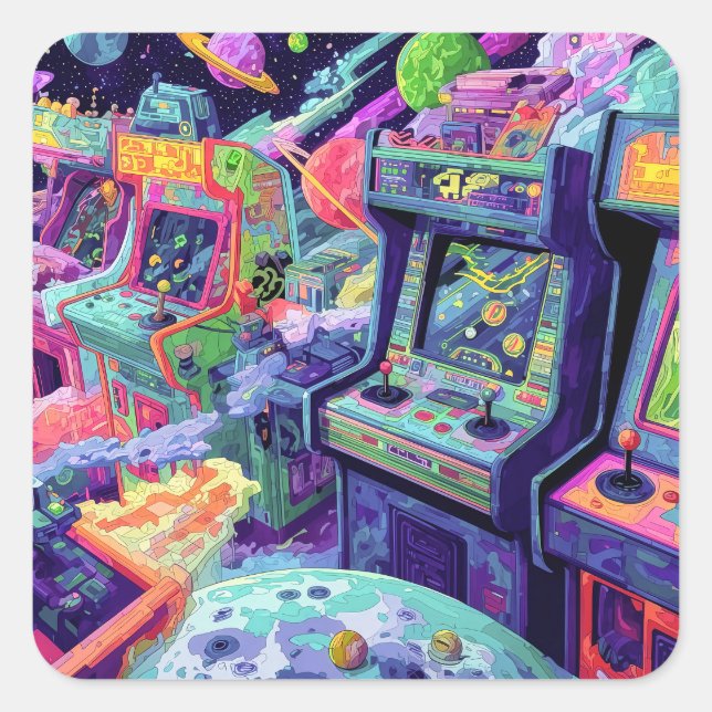 Sticker Carré Machines de jeux vidéo rétro dans l'espace (Devant)