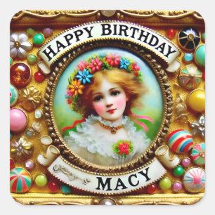 Sticker Carré MACY ~ JEUX ANNIVERSAIRE ~ Vintage fille ~