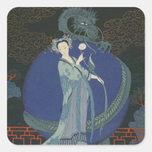 Sticker Carré Madame avec un dragon (litho de couleur)