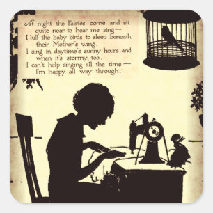 Sticker Carré Madame de couture chanteuse Vintage Fairy Poem