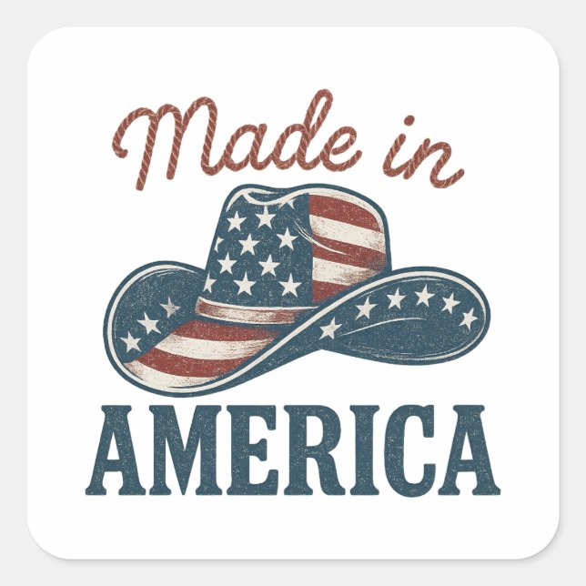 Sticker Carré Made In America Patriotic Flag Cowboy Hat Western (Devant)