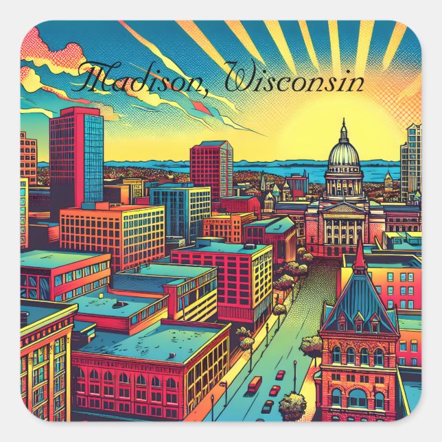 Sticker Carré Madison, Wisconsin City Skyline au Sunset (Devant)