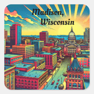 Sticker Carré Madison, Wisconsin Skyline au coucher du soleil