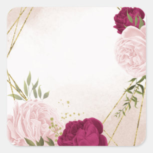 Sticker Carré magenta fleurs roses verdure mariage