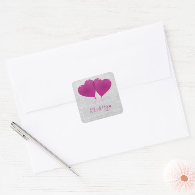 Sticker Carré Magenta Heart Balloons Mariage Merci (Enveloppe)