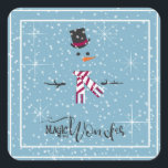 Sticker Carré Magic and Wonder Christmas Snowman Blue ID440<br><div class="desc">Belle conception autocollante carré de Noël avec un bonhomme de neige stylisé encadré en blanc sur un arrière - plan bleu cadet parsemé de flocons de neige et d'étoiles. La typographie branchée de 'Magic and Wonder' complète le design. Ajoutez votre nom pour personnaliser. Recherchez ID440 pour voir d'autres produits de...</div>