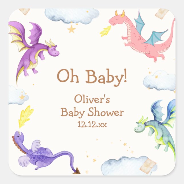 Sticker Carré Magic Fairytale Baby shower Dragon Magique (Devant)