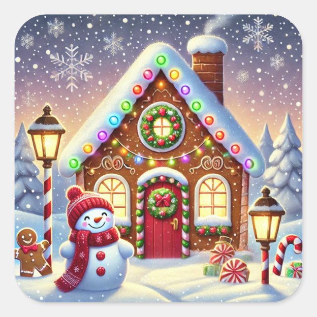 Sticker Carré Magical Gingerbread Wonderland: Festive Snowman an (Devant)