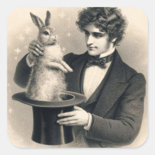 Sticker Carré Magicien vintage et Bande magique de lapin