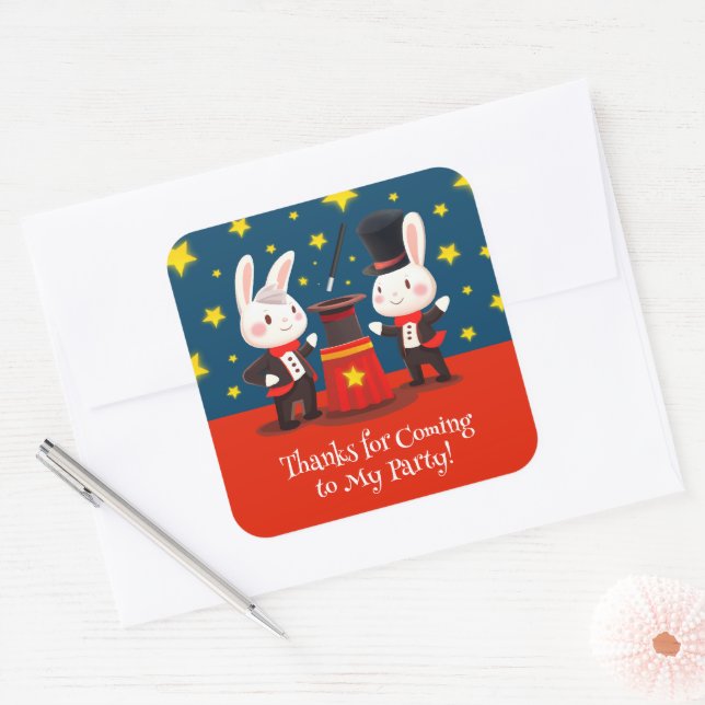 Sticker Carré Magiciens de lapins mignons sur scène Anniversaire (Enveloppe)