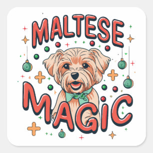 Sticker Carré Magie de Chien Maltais - Noël dans le style rétro 