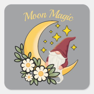 Sticker Carré Magie Lunaire Gnome Mignon sur Illustration Floral