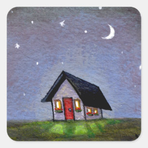 Sticker Carré Magique nuit cottage art étoile ciel amusant peint
