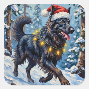 Sticker Carré Magnifique Berger Belge Forêt de Neige Noël