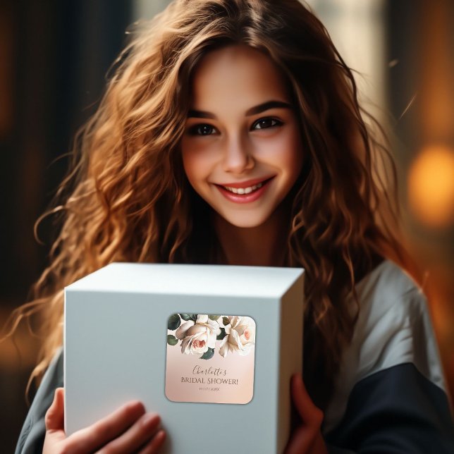 Sticker Carré Magnifique rose beige rosé en huile pour douche de (Blush Beige Oil Rose Bridal Shower Square Sticker)