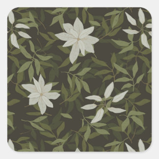 Sticker Carré Magnolia et feuilles verts sur noir