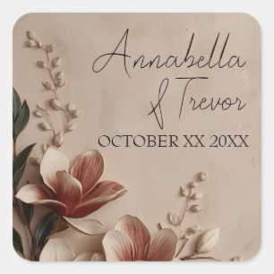 Sticker Carré Magnolia Floral Romantique Vintage Nom Personnalis