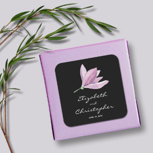 Sticker Carré Magnolia Floral Wedding Favor sur Noir